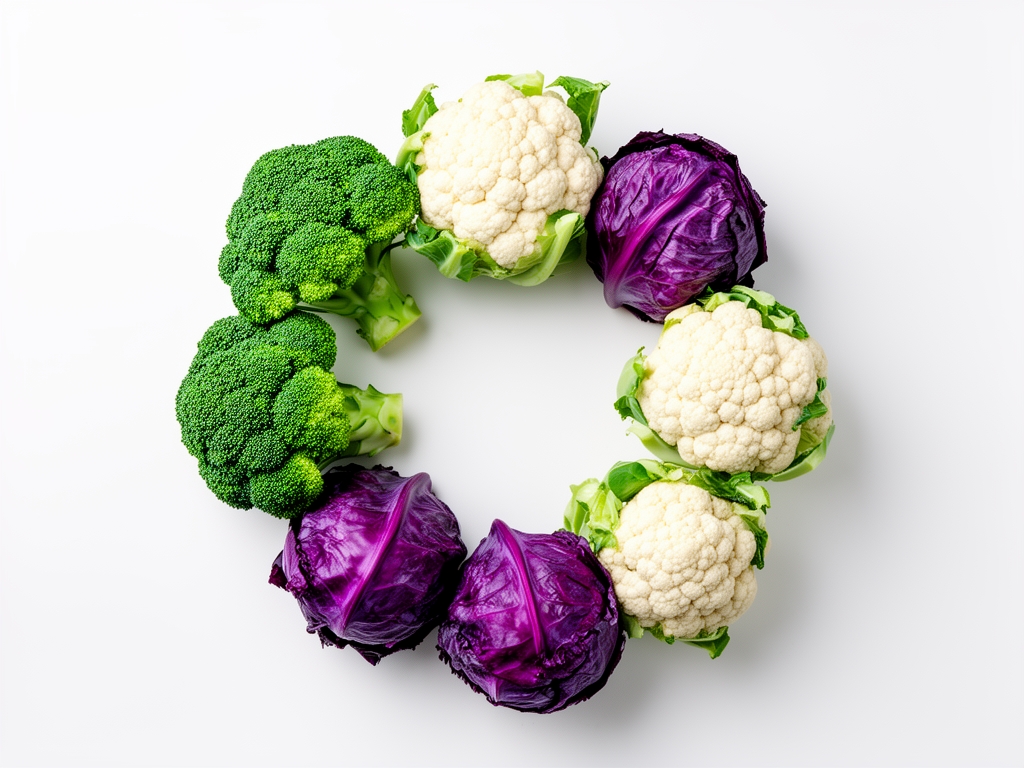 Vue aérienne de légumes crucifères frais colorés — brocoli vert vif, chou-fleur blanc, chou rouge — arrangés en cercle sur fond blanc