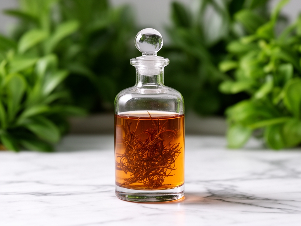 Flacon en verre transparent contenant un extrait végétal ambré sur surface de marbre blanc avec plantes vertes en arrière-plan flou