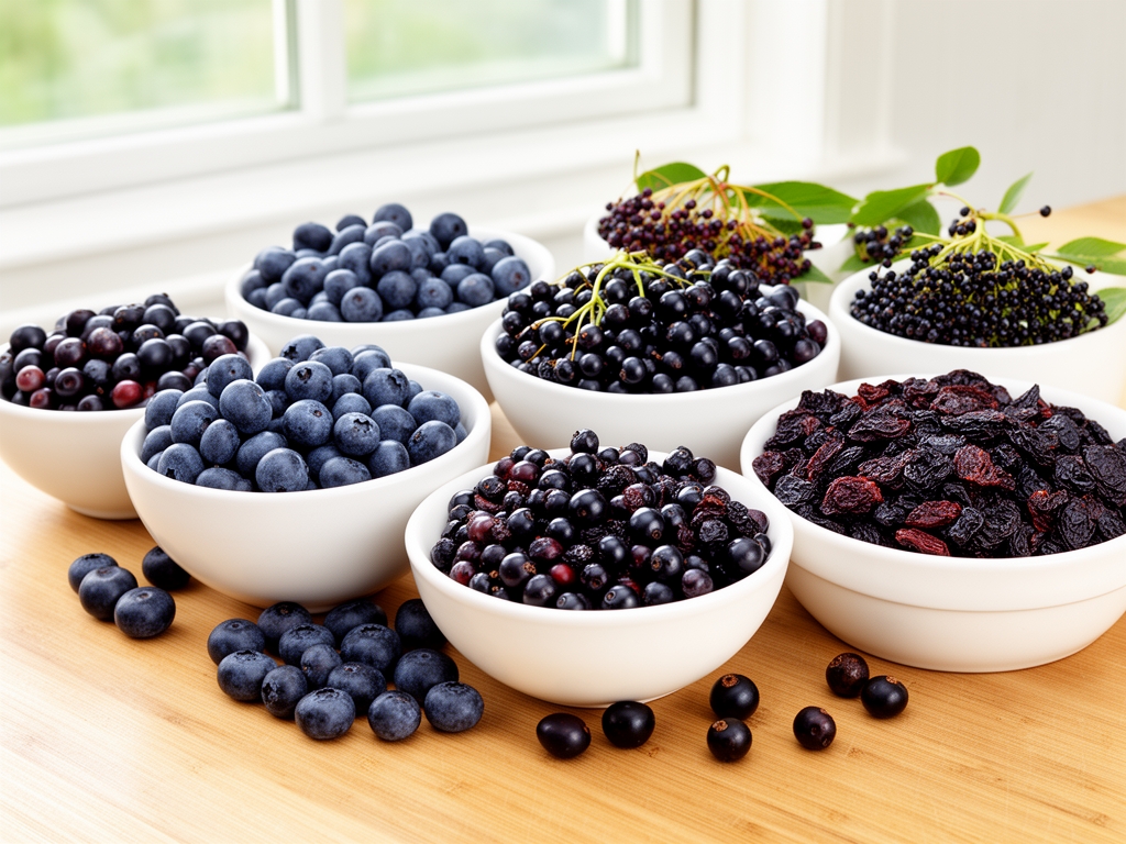 Assortiment de baies fraîches et séchées — myrtilles, aronia, baies de sureau — dans des bols en céramique blanche sur surface en bois clair, lumière naturelle venant de la fenêtre