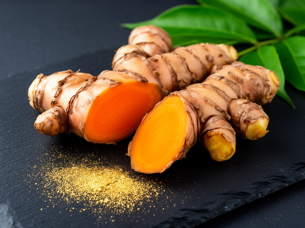 Racines de curcuma fraîches coupées révélant leur intérieur orange vif, disposées sur ardoise noire avec poudre dorée et feuilles vertes en décoration naturelle