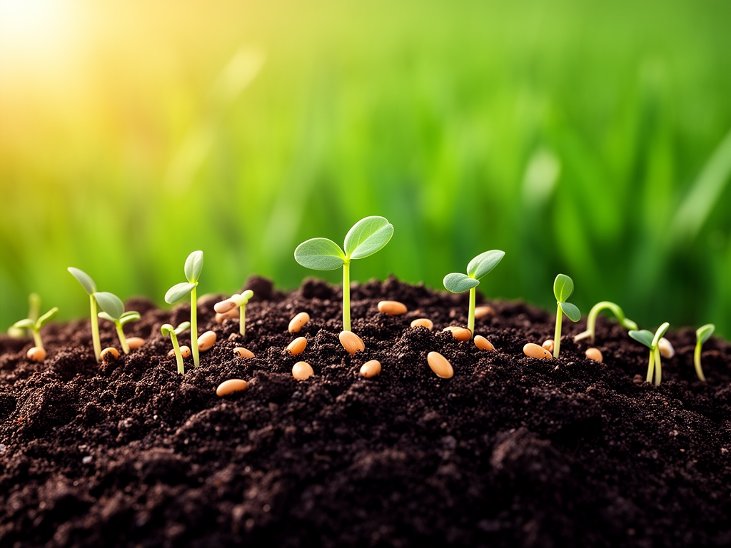 Mains tenant doucement de la terre fertile sombre avec des graines germées visibles, lumière naturelle chaude venant du haut gauche sur fond de champ vert flou