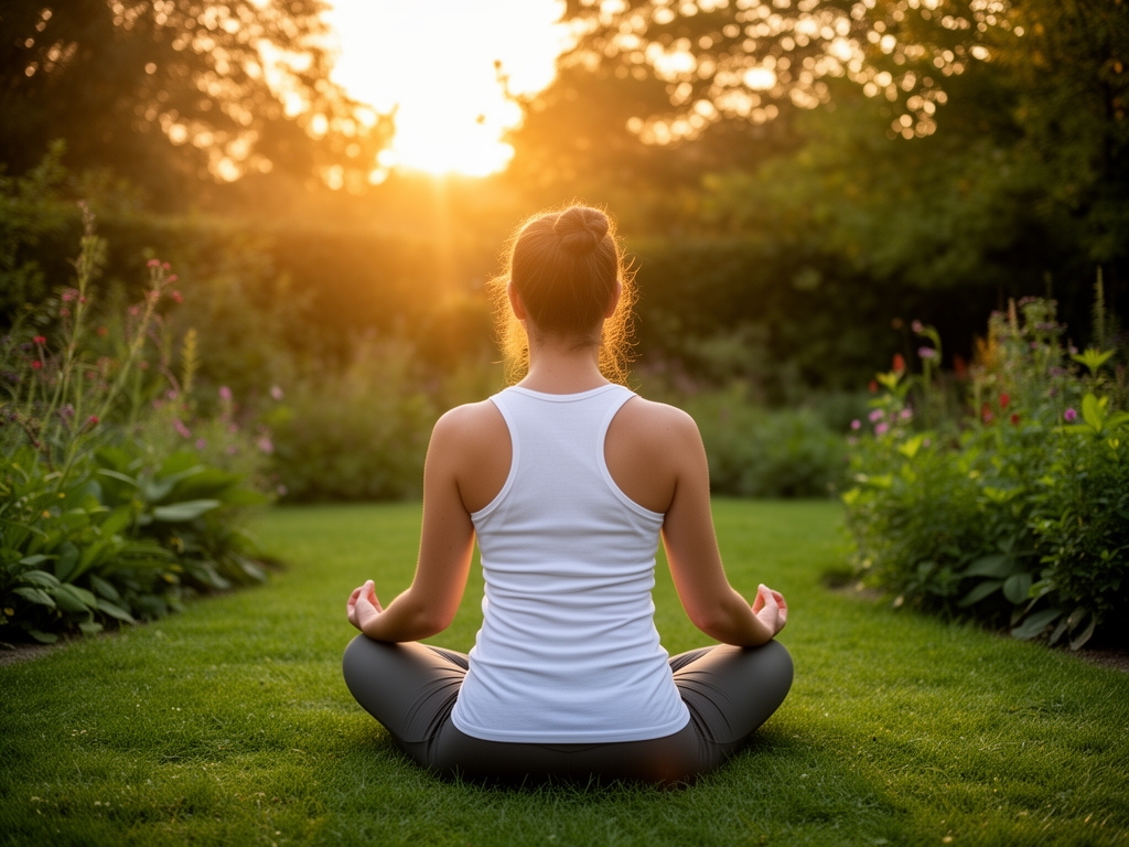 Personne assise en position de méditation vue de dos dans un jardin verdoyant au lever du soleil, lumière dorée matinale, atmosphère paisible et sereine