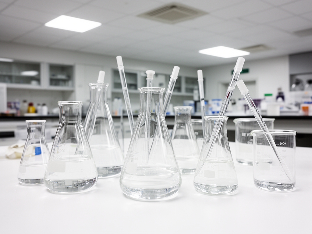 Équipement de laboratoire en verre borosilicate — erlenmeyerrs, pipettes et béchers avec liquides transparents — sur paillasse blanche immaculée, éclairage fluorescent de laboratoire