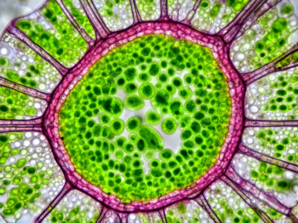 Vue microscopique stylisée de structures cellulaires végétales en coupe transversale, montrant des chloroplastes verts et des parois cellulaires, couleurs naturelles